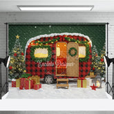 Aperturee - Aperturee Christmas Camper Photography Backdrop Red Buffalo Plaid Vintage Trailer Snowy Holiday Mini Session Background
